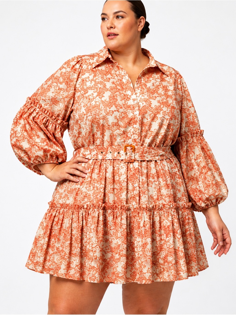 Anthropologie Lusana Plus-Size Orange Paisley Tiered Shirt Mini Dress with Belt